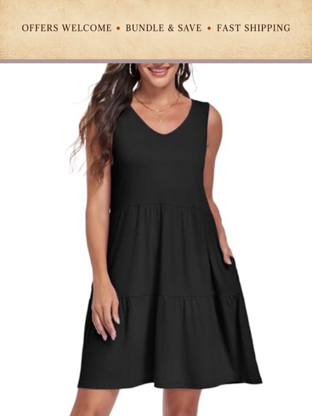 V Neck Sleeveless Tiered Swing Sundress with Pockets Knee Length